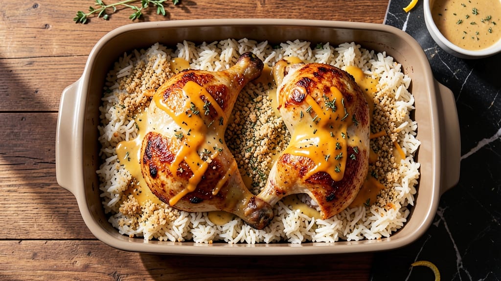 Baked Chicken Legs and Rice Casserole Recipe: One-Pan Crispy-Top Comfort