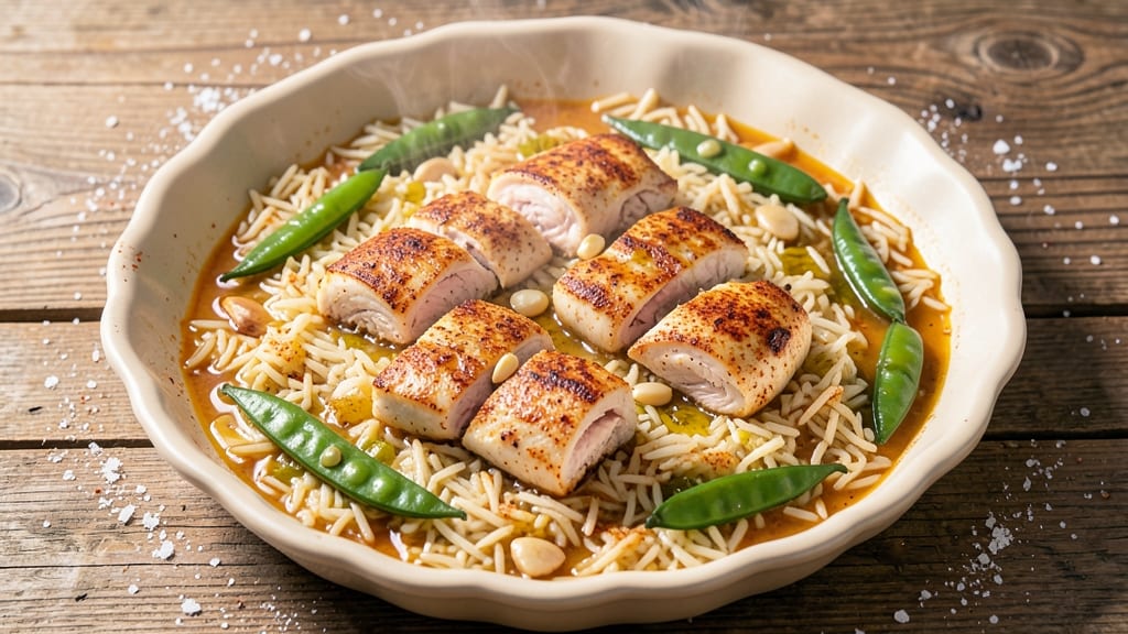 Baked Chicken Paella Recipe: Saffron-Infused Rice with Crispy Chicken and Snap Peas