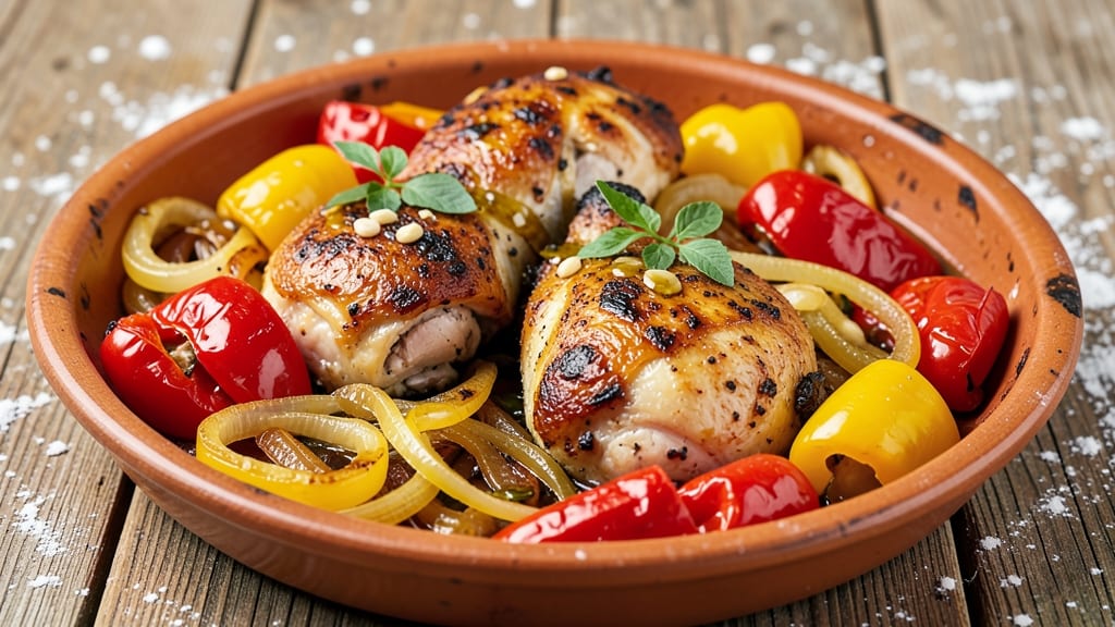 Baked Chicken with Peppers and Onions Recipe: One-Pan Herb-Crusted Dinner